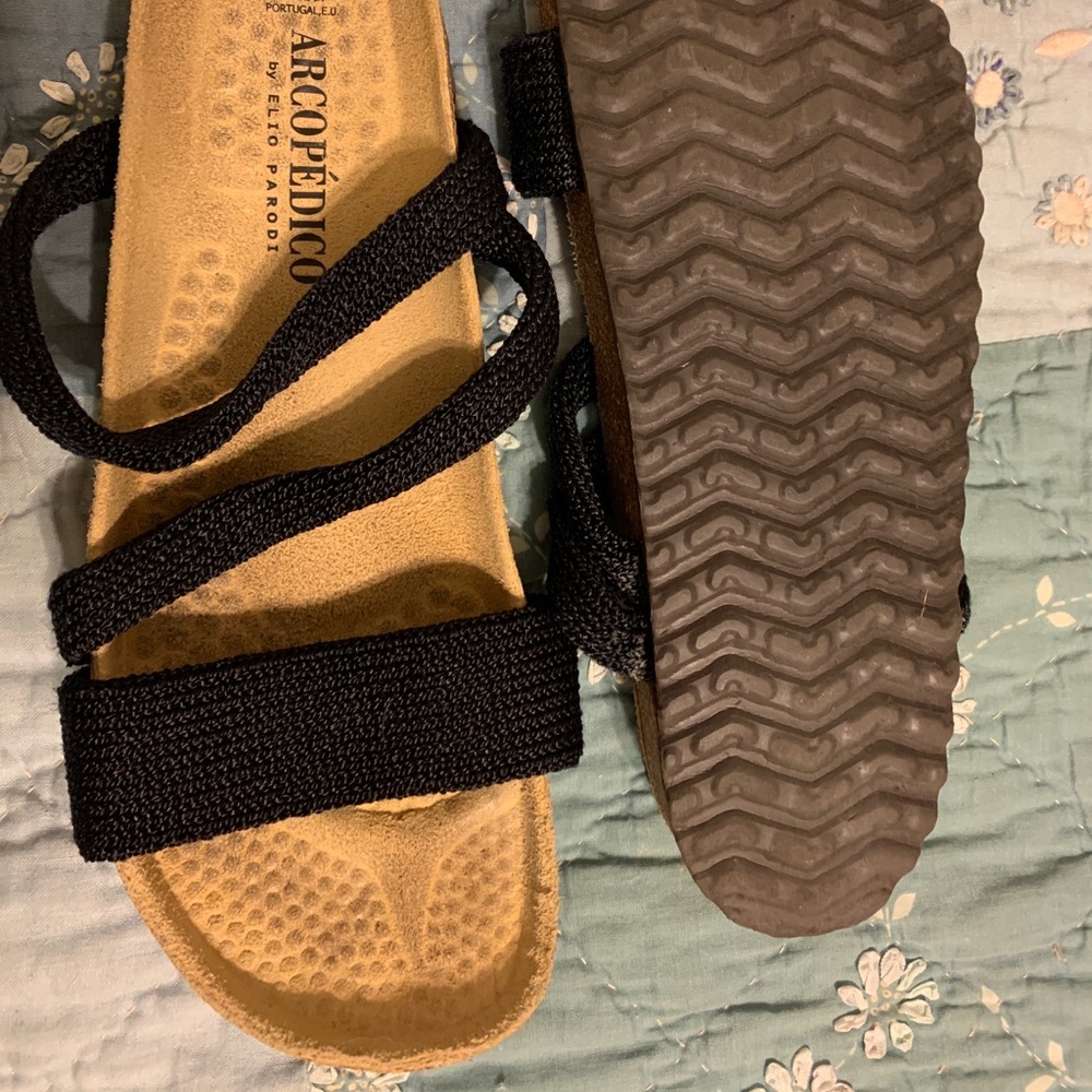 Arcopedico black fabric and cork sandals size 39